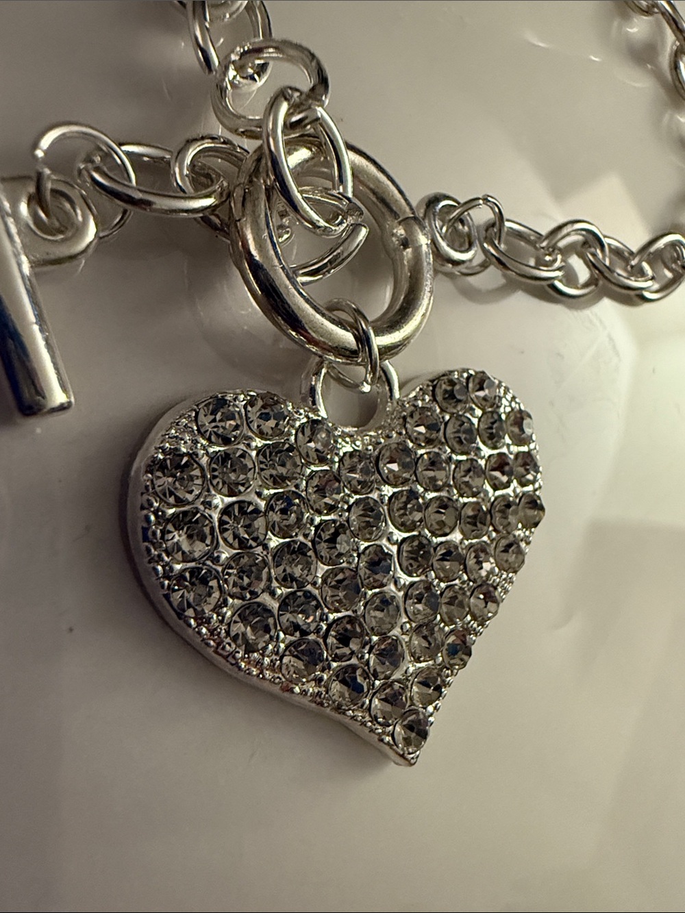 Silver Crystal Heart Charm Toggle Bracelet - Women Jewelry - Picture 2 of 4